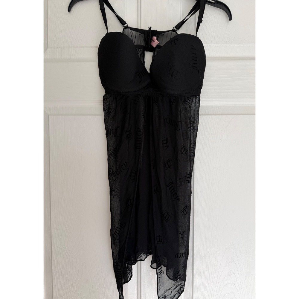 Juicy Couture Black Logo Mesh Babydoll Chemise Lingerie XL 3924-131